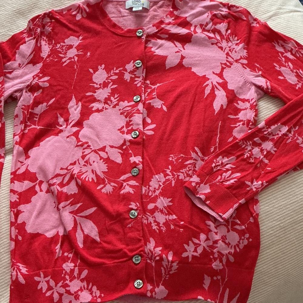Lord & Taylor Red and Pink Floral Women's Cardigan, Medium